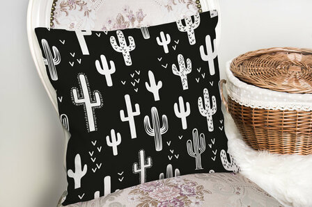 Woonkamer decoratieve sierkussen zwarte en wit cactus - Kussens woonkamer - Aan beide zijdig bedrukt - 45x45cm