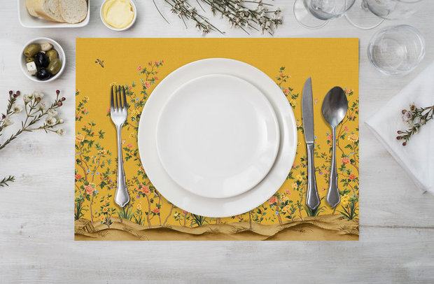 Zijou Placemats Geel Bloemen linnen set van 4 - 35x50 cm